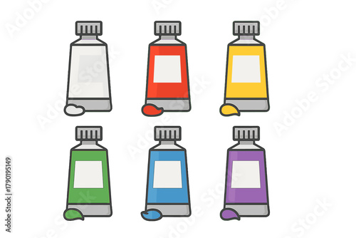 Six vibrant paint tubes with squeezed out pigment drops for art projects