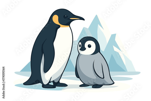 Adult and baby emperor penguins standing on ice with iceberg background