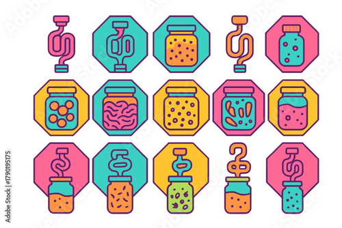 Fermentation icons set featuring airlocks and preserved food jars