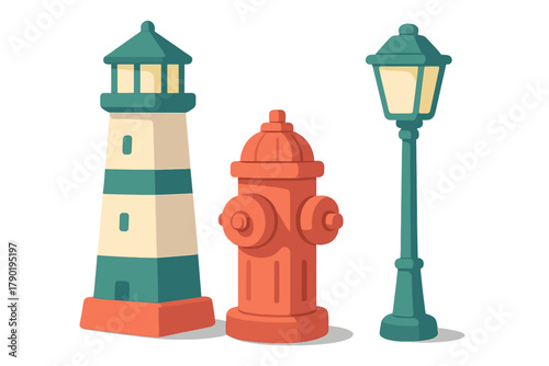 Set of stylized icons: lighthouse, fire hydrant, and street lamp