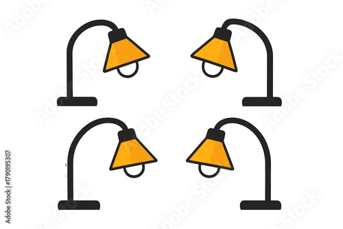 Four modern desk lamps with bright orange conical shades