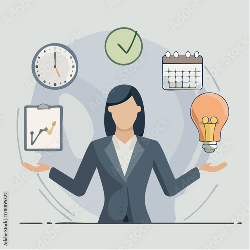 Illustration of a businesswoman juggling a clipboard with a graph, a clock, a checklist, and a lightbulb on a clean background, conveying organization and ideas.