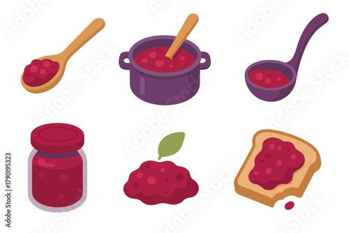 Isometric icons for berry jam preparation and serving process