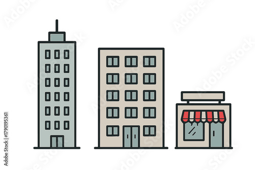 Three distinct urban buildings featuring skyscraper and retail storefront