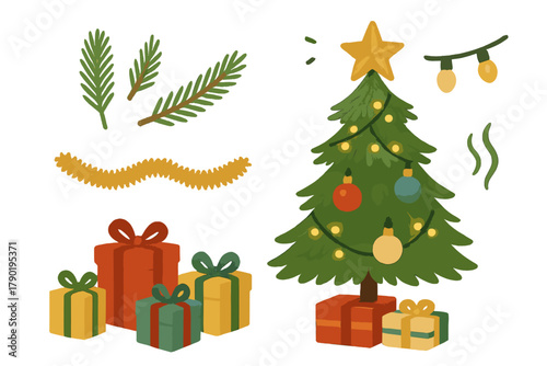Festive Christmas tree ornaments and wrapped gift boxes collection