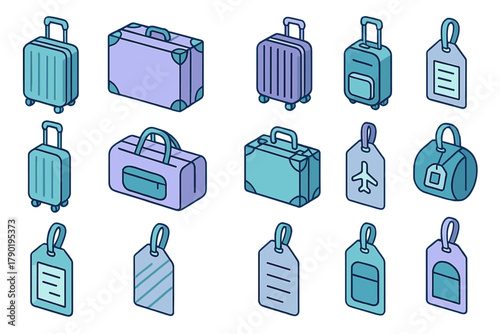 Isometric travel luggage and baggage tag icon set in blue and purple tones
