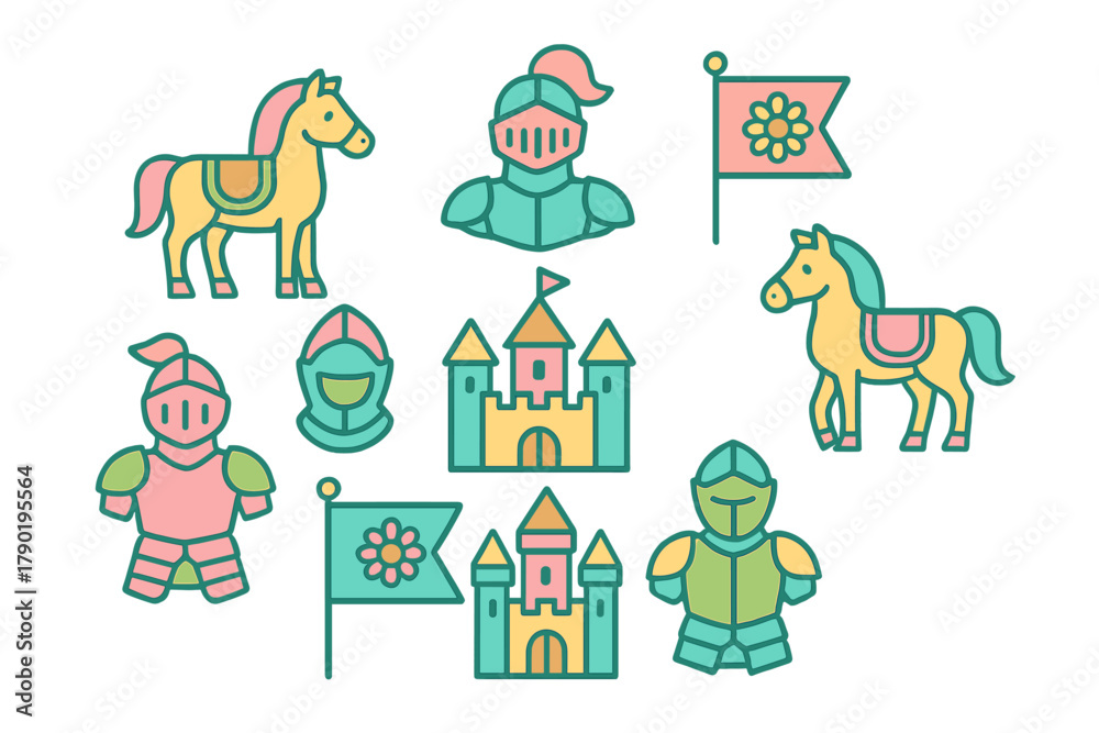 Naklejka premium Colorful medieval knight and castle icons featuring horses and flags