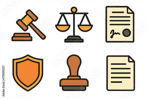 Set of legal and justice icons including gavel, scales, contract, shield, and stamp