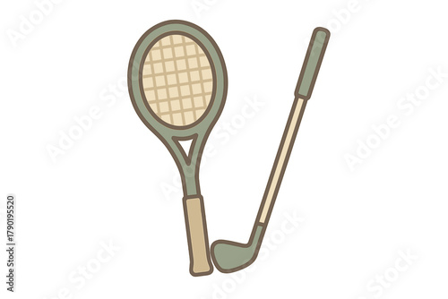 Crossed tennis racket and golf club sports equipment icons