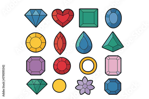 Assortment of colorful faceted gemstone shapes and jewelry elements