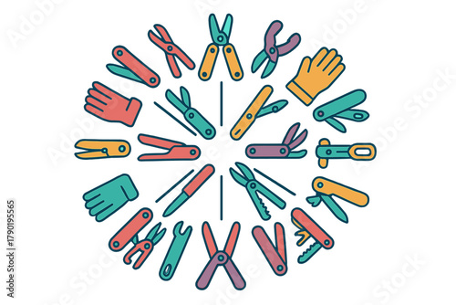 Assortment of colorful pocket tools and work gloves arranged in a circle