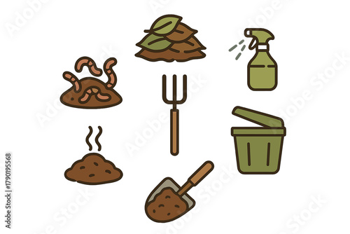 Set of composting and vermiculture icons featuring soil and gardening implements