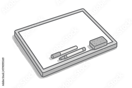 Blank whiteboard with dry erase markers and eraser on clean white background