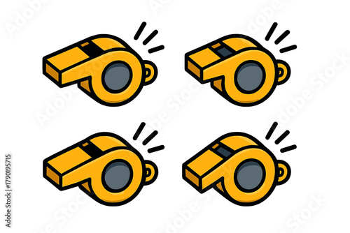 Four yellow referee whistles with sound effect lines