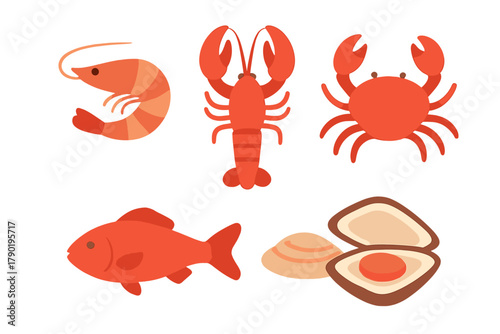 Set of bright red seafood icons: shrimp, lobster, crab, fish, and oyster shapes