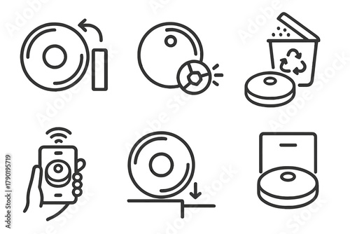 Set of robotic vacuum cleaner maintenance and operation line icons