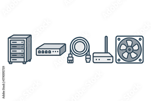 Computer hardware components collection server network equipment and cooling fan