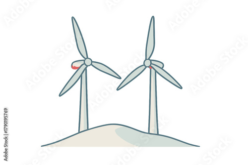 Two wind turbines generating renewable energy on a small hill