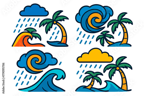 Tropical storm weather icons featuring palm trees and ocean waves