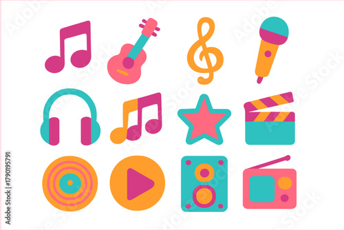 Vibrant collection of media and entertainment symbols for digital design