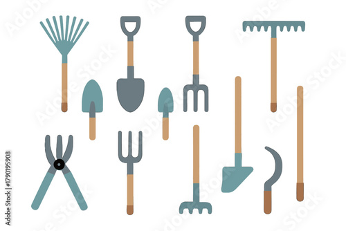 Set of essential gardening tools and implements icons for yard work