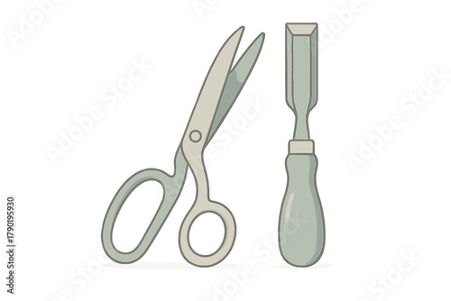 Tailor scissors and wood chisel tools isolated on white background