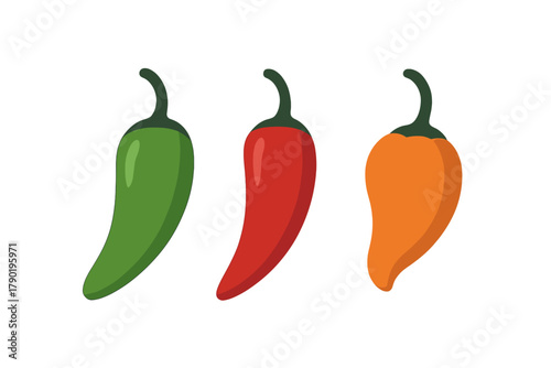 Three chili peppers in green, red, and orange colors