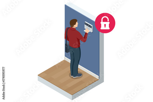 Smart Home Alarm System. Isometric illustration of a man entering a security code on a smart alarm system panel, symbolizing home protection and access control