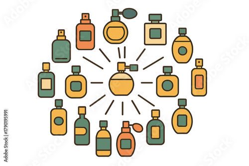 Perfume bottles and atomizers arranged in a circular pattern for beauty concepts