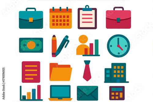 Colorful flat icons representing finance and management business concepts