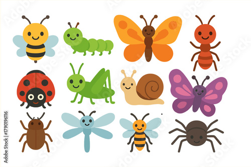 Cute cartoon insects and garden bugs with happy faces collection