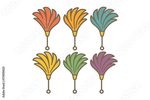 Six stylized Egyptian feather fans in assorted vibrant colors