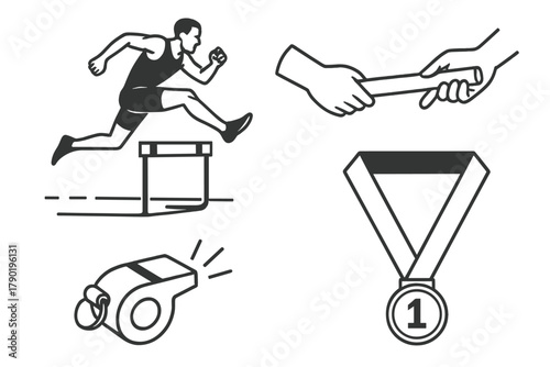 Track and field sports icons featuring runner, relay, medal, and whistle