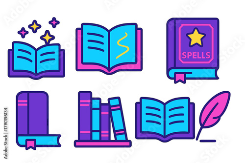 Magic spell books and writing feather outline icon set