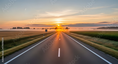 Straight asphalt road leading to a bright sunrise with fields on either side and a foggy horizon