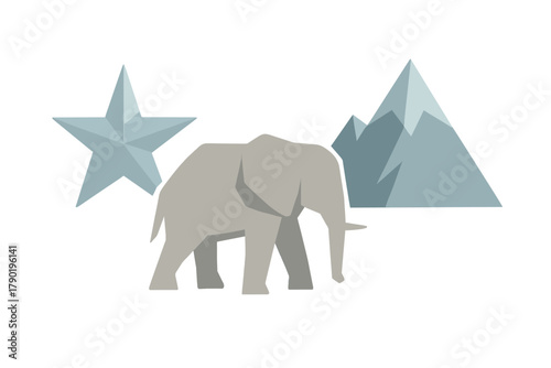 Low poly elephant figure with star and mountain geometric shapes