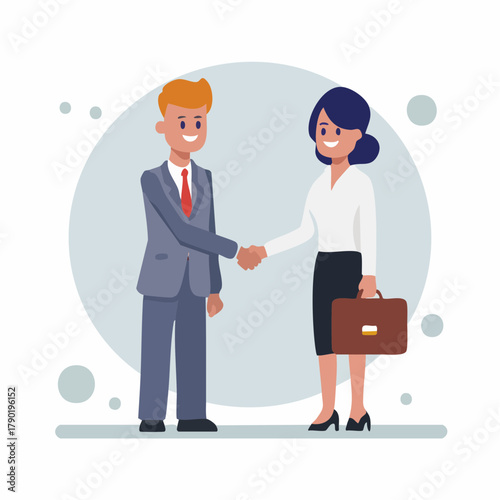 Cartoon illustration of a smiling business man and woman shaking hands with a briefcase against a light blue circular background.