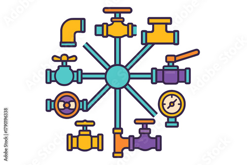 Collection of plumbing system components featuring valves and pressure gauge