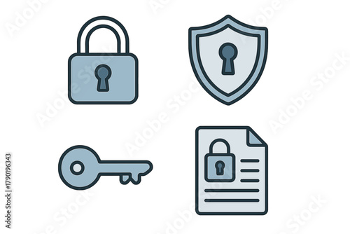 Digital security icons collection featuring padlock, shield, key, and locked