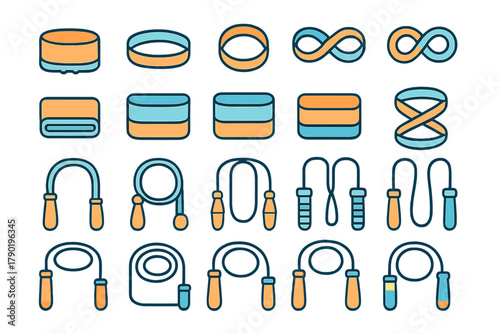 Set of fitness equipment icons featuring resistance bands and jump ropes