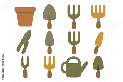 Set of stylized icons featuring essential gardening tools and terracotta flower pot
