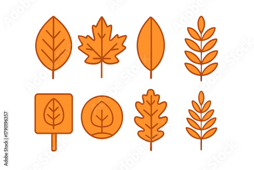 Stylized orange autumn leaves icons and shapes collection