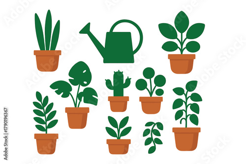 Assortment of potted houseplants and green watering can icons for home gardening