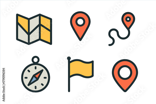 Collection of navigation and location symbols featuring map, compass, and various pins