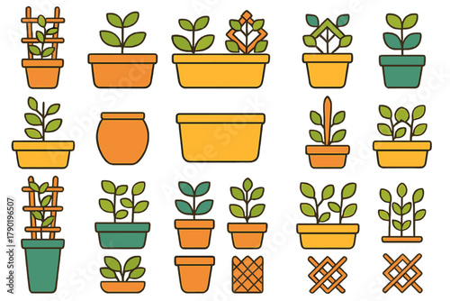 Set of potted plants seedlings and various garden containers icons