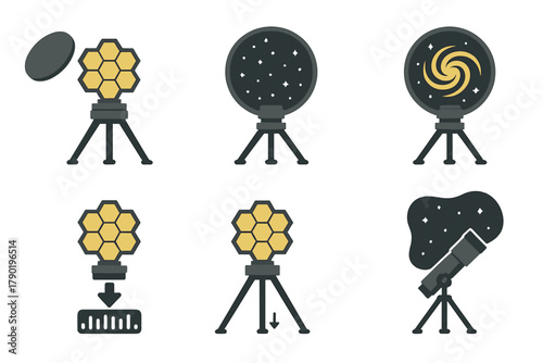 Telescope assembly and space observation process icons