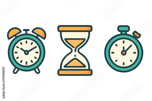 Alarm clock hourglass and stopwatch time measurement icons set