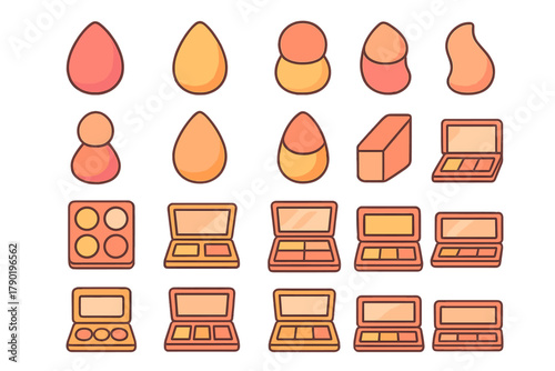 Assortment of makeup sponges and cosmetic palettes icons in warm tones