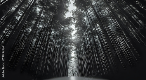 A monochrome view looking up through a dense bamboo forest with a single tree at the end of the path