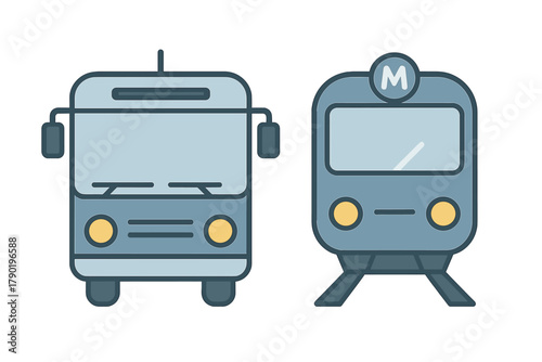 Front view of city bus and subway train icons side by side